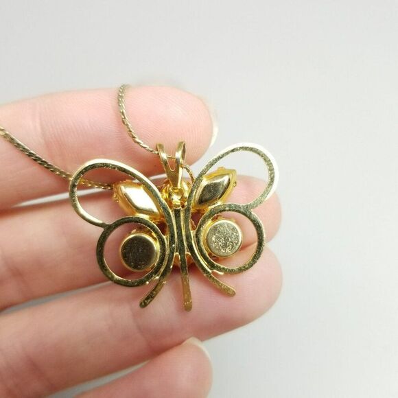 Vintage Colorful Rhinestone Butterfly Pendant Necklace, Gold Tone Setting, Estat - Picture 4 of 8